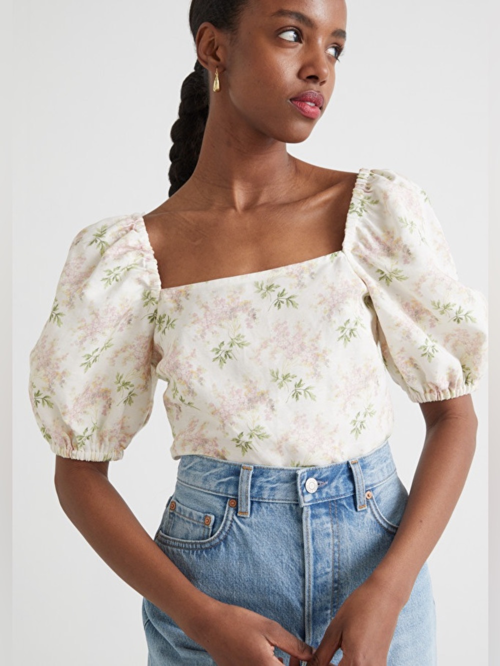 & Other Stories Cream Floral Puff-Sleeve Square Neck Top